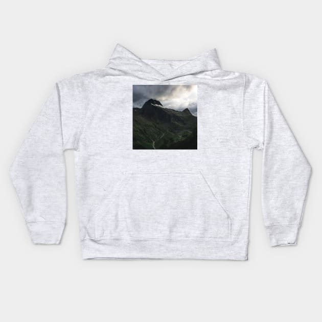 Vibrant Green Mountain Peaks on a Cloudy Day Kids Hoodie by Danny Wanders